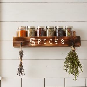 Wooden Spice Rack with Hooks